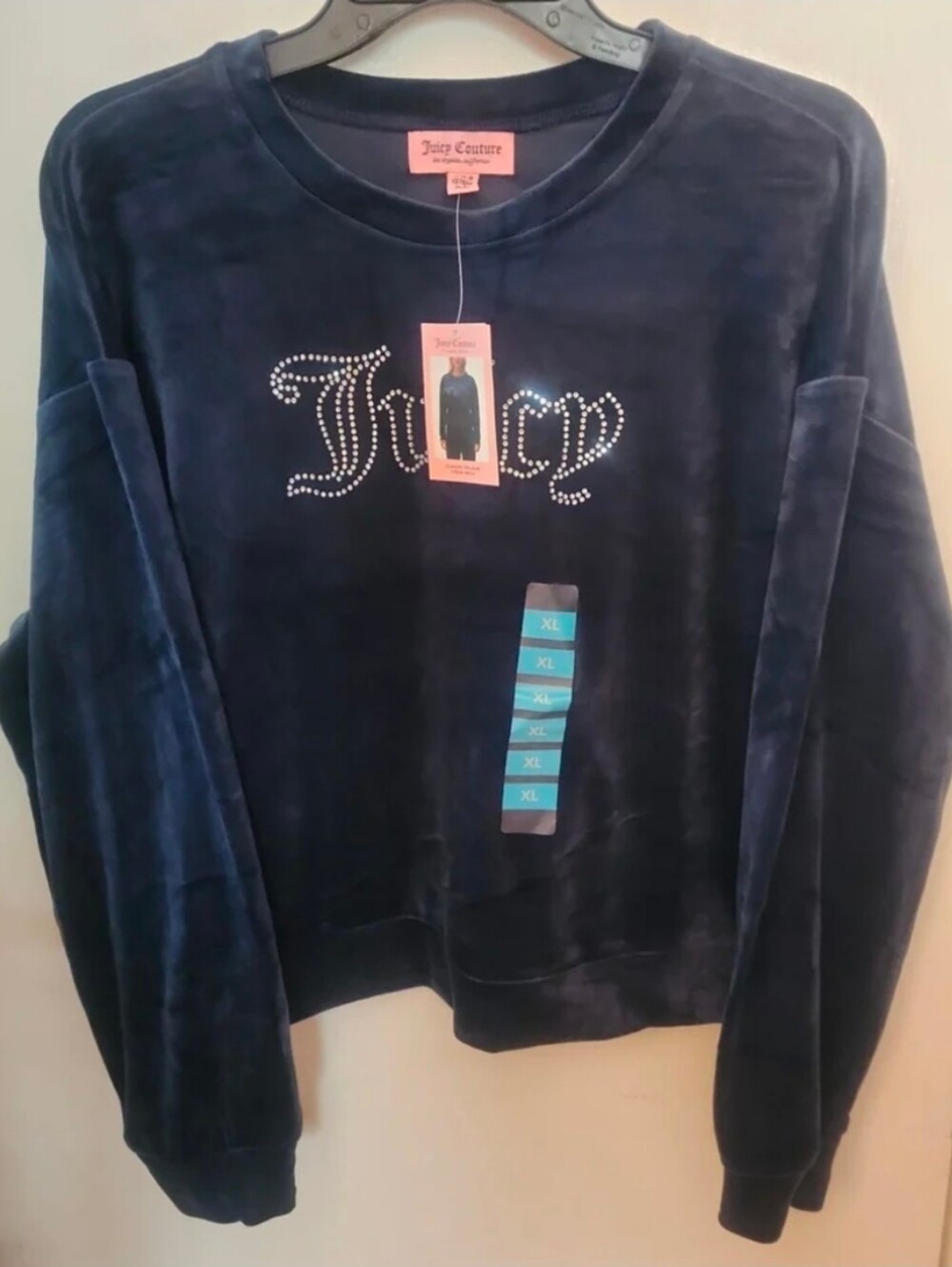 Juicy Couture Crew Neck Velour Navy Blue SOFT Long Sleeve Velvet Shirt XL